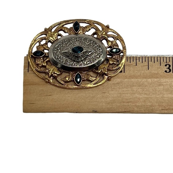 Gold Silver Blue Stone Scroll Western Brooch Pin Vintage - Picture 5 of 6